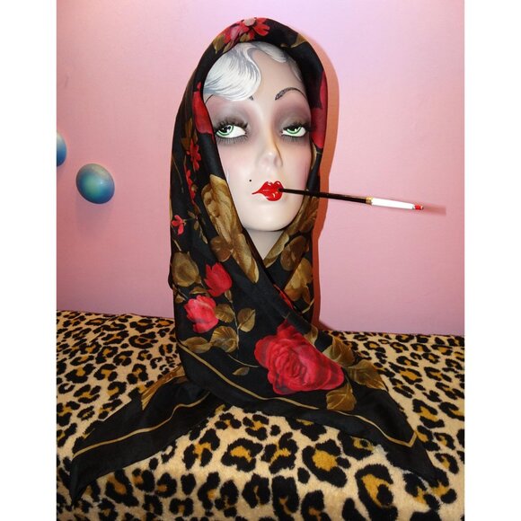 Vintage Kathie Lee Collection Extra Large Floral Scarf black roses head wrap bow - Picture 4 of 16